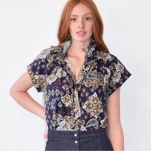 Never A Wallflower Vicki Ruffle Button Down Top in Navy Paisley, Size XS